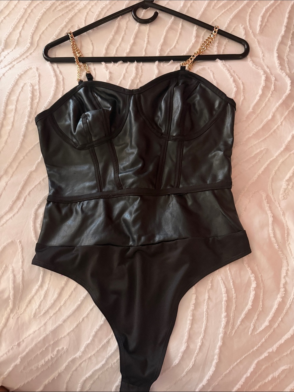 Guess Black Faux Leather Bodysuit with Gold Chain Straps